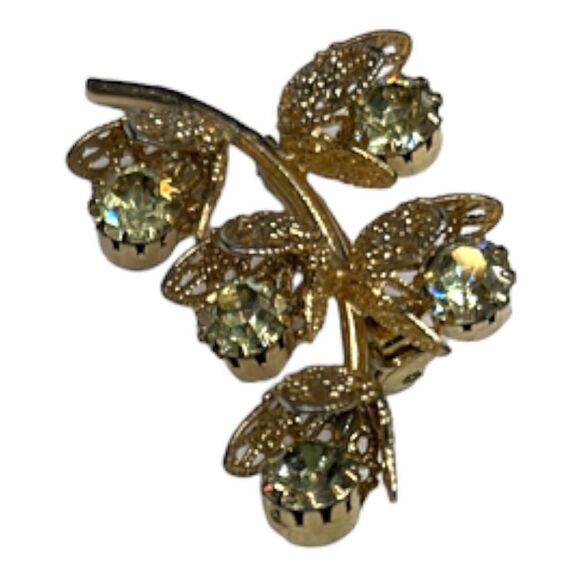 Vintage Green Crystal Goldtone Floral Flower Brooch Pin - Picture 6 of 8
